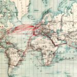 A map of the world with red telegraph cables connecting nations.