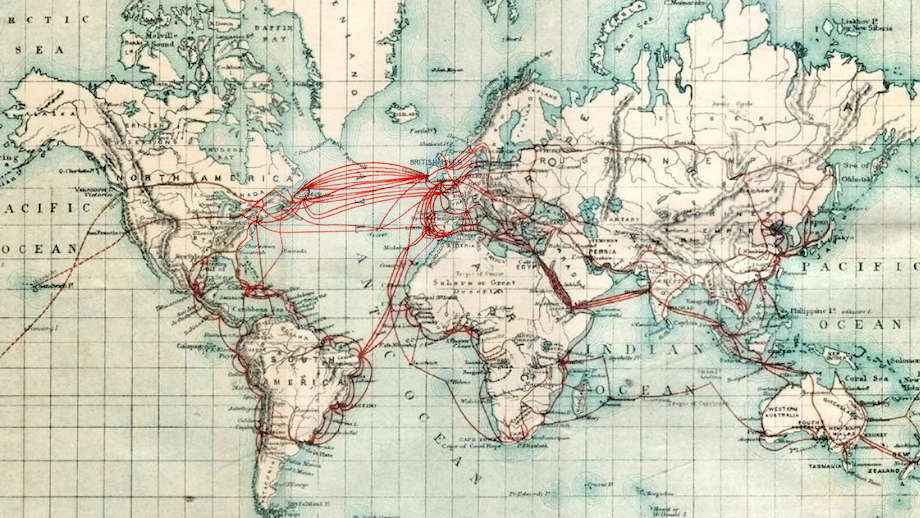 A map of the world with red telegraph cables connecting nations.