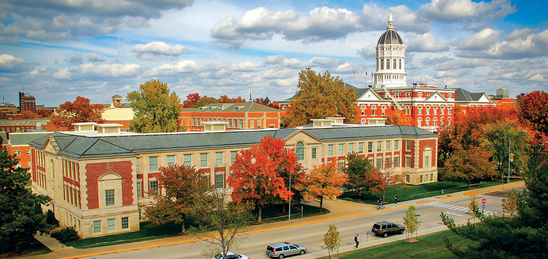Exterior of university buildings in the autumn.