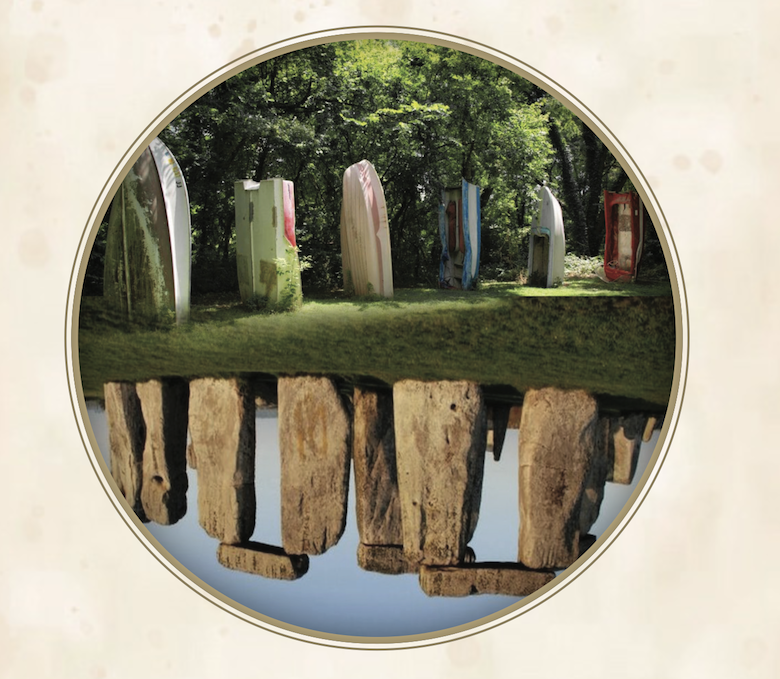 Five grounded boats, arranged vertically, with Stonehenge as their reflection.