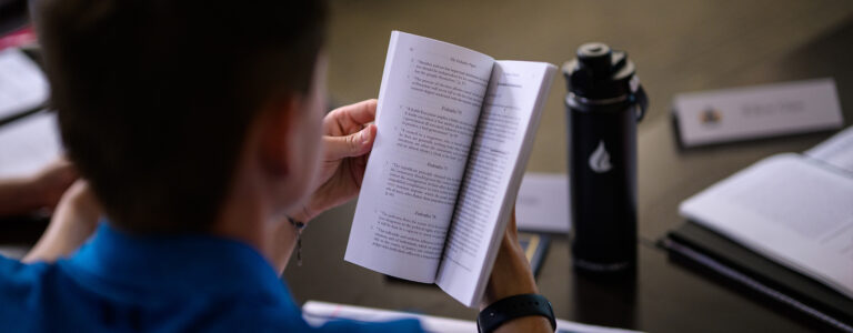 View over the shoulder of a student who is flipping through a book.