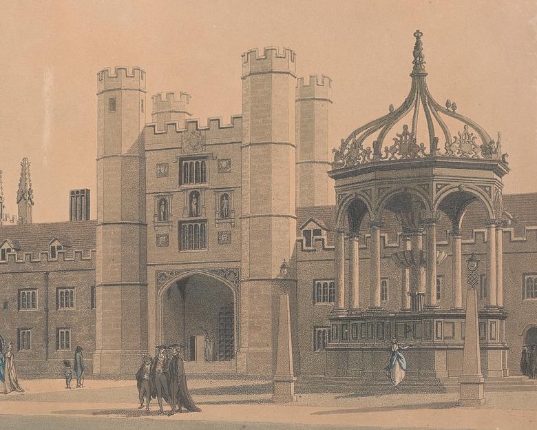 An ink illustration of the quad at Trinity College, University of Cambridge.