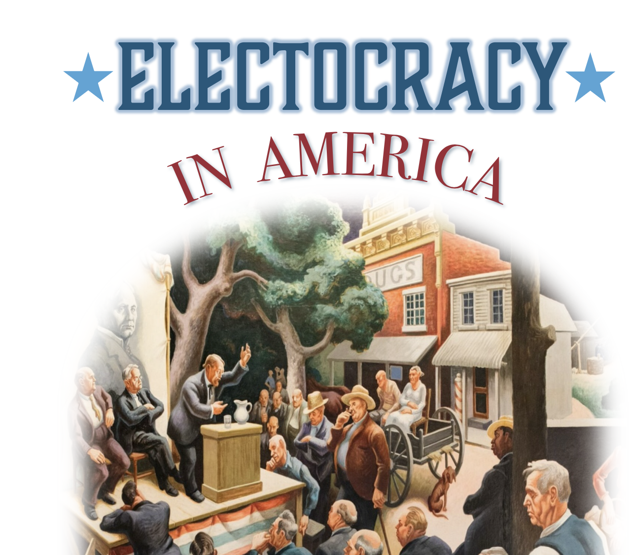 A flyer for an academic conference featuring a historic painting of a stump speech.