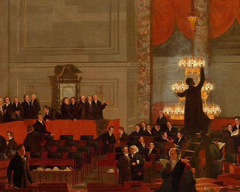 A 19th-century painting of the US House of Representatives lit by candlelight. 