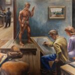 A mural of an art class in the style of Thomas Hart Benton.