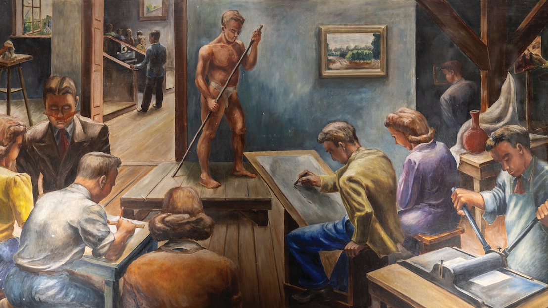 A mural of an art class in the style of Thomas Hart Benton.