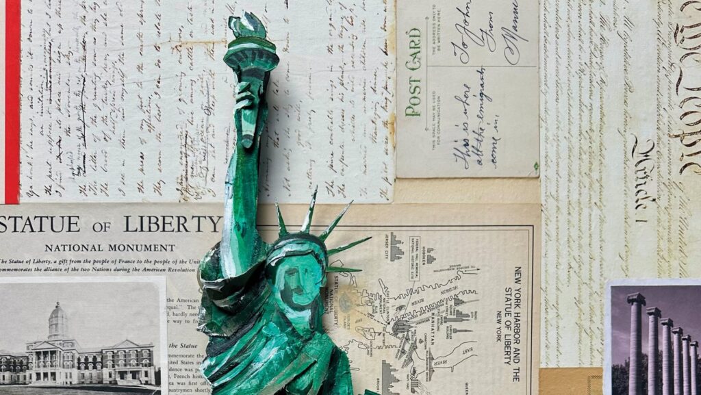 An artistic rendering of the Statue of Liberty with postcards as a backdrop.