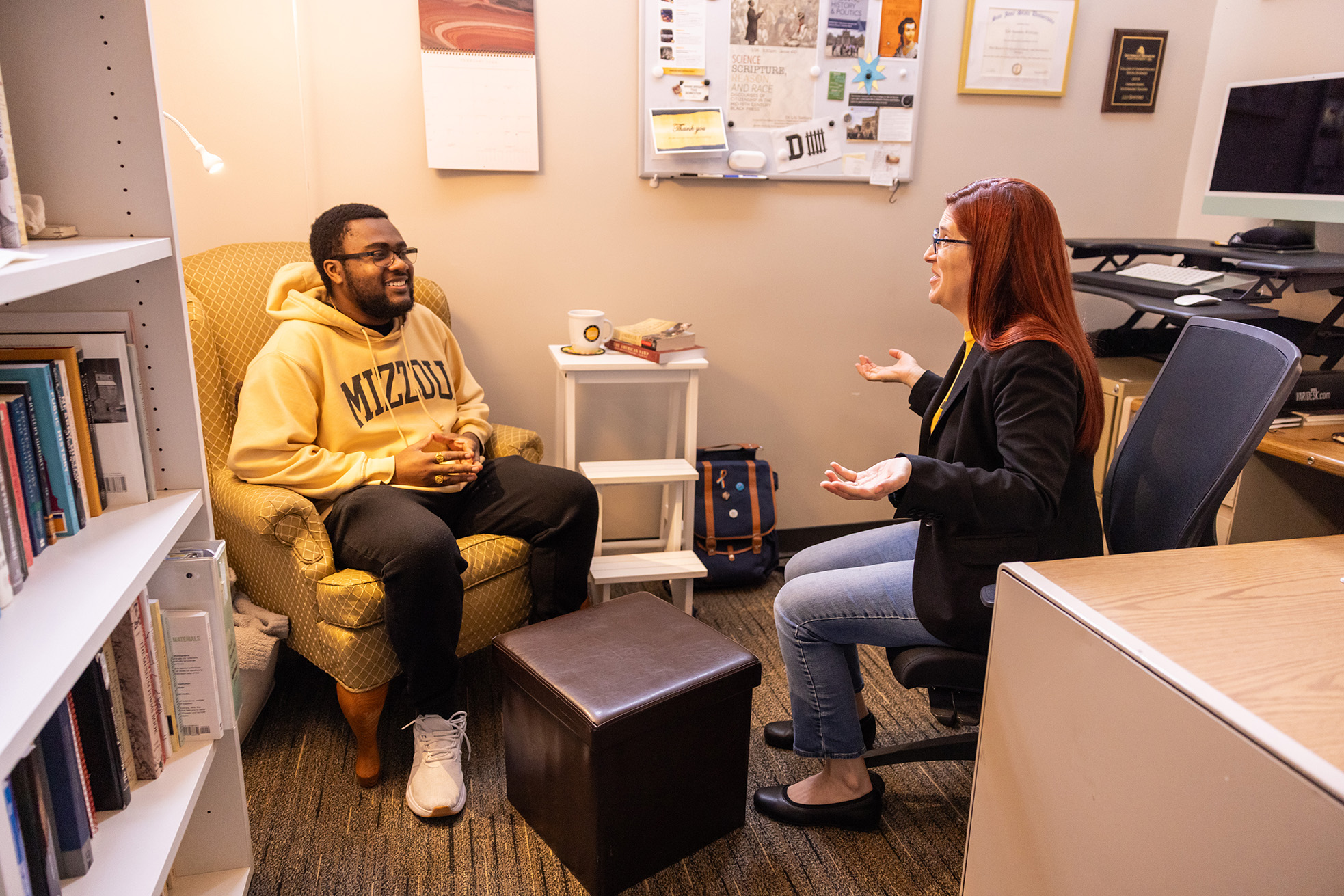 A student talks with a faculty member in an office.