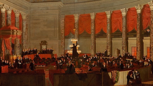 Morse's 1820 rendering of lanterns being lit in the US House of Representatives