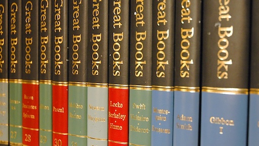 An orderly arrangement of books on a shelf, considered to be classics of the Western canon. 