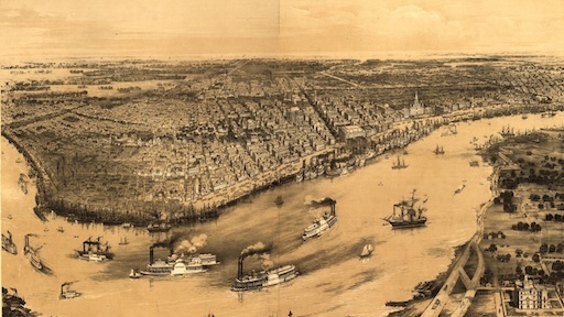 An 1851 rendering of the Mississippi River cutting through New Orleans